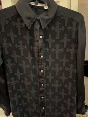 Men's Black Cross-Embroidered Button-Down Shirt